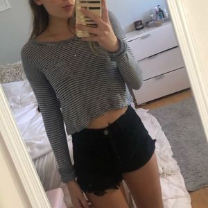 Blue & white stripped long sleeve cropped top